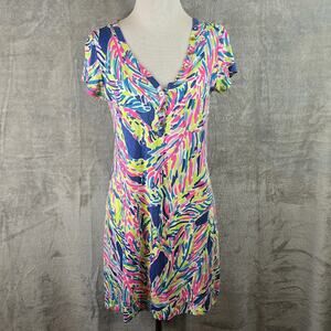Lilly Pulitzer Palmira V Neck T-Shirt Dress in Indigo Palm Reader Size S Preppy